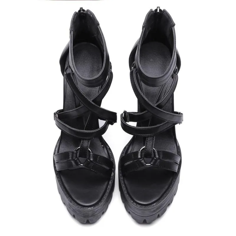 Rock Chick Woman Platform Sandals / Open Toe High Heels Pentagram Zipper Leather Ladies Goth Shoes