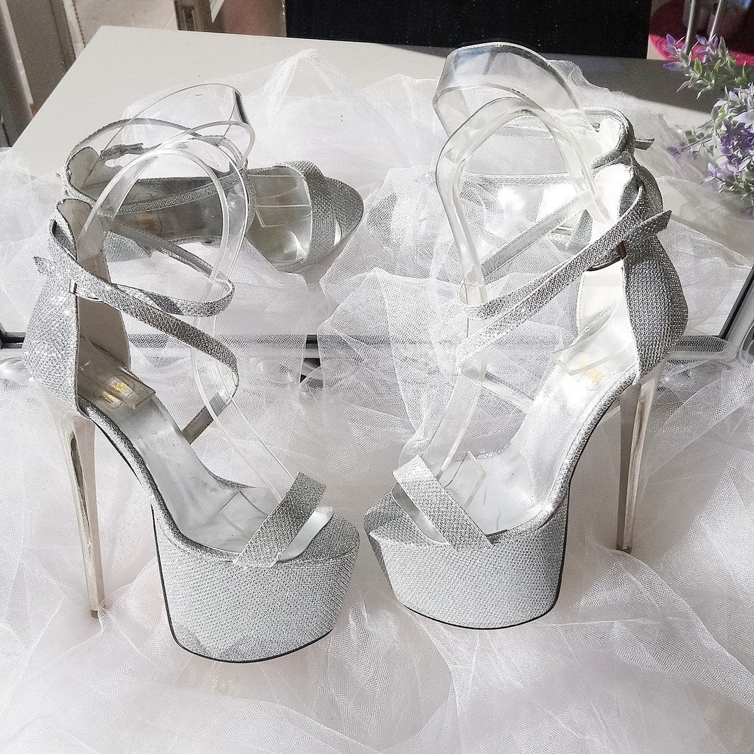 Silver Shine Ankle Strap High Heel Platform Shoes