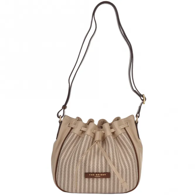 Small Italian Leather and Woven Material Drawstring Bucket Bag: Straw Brown : 041417 3T 3B NH