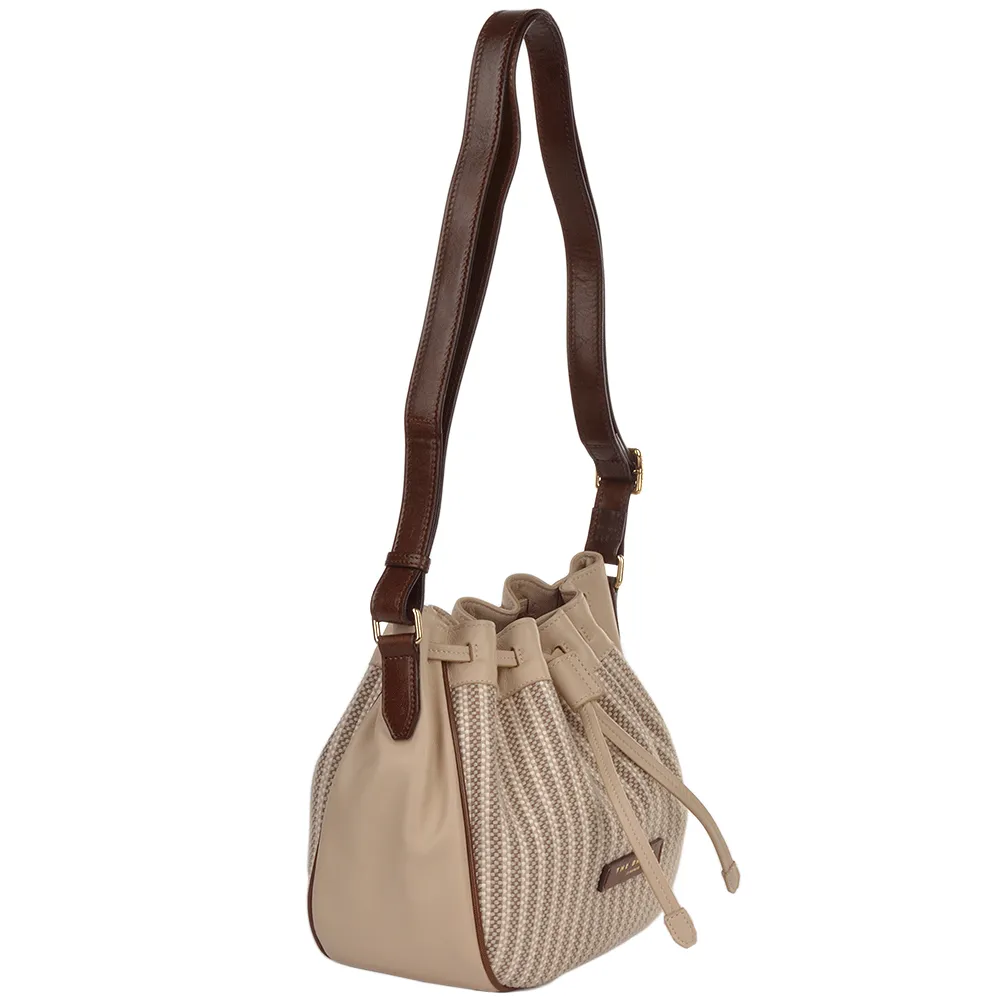 Small Italian Leather and Woven Material Drawstring Bucket Bag: Straw Brown : 041417 3T 3B NH