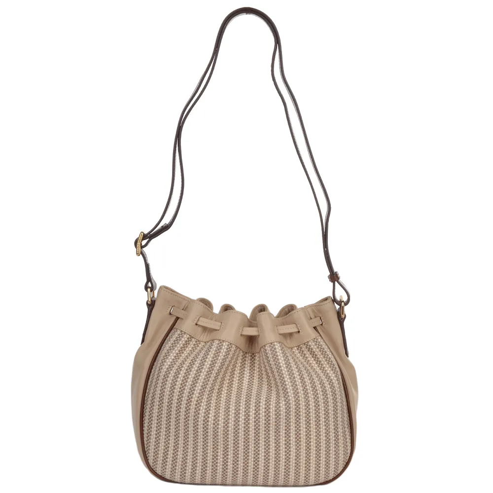 Small Italian Leather and Woven Material Drawstring Bucket Bag: Straw Brown : 041417 3T 3B NH