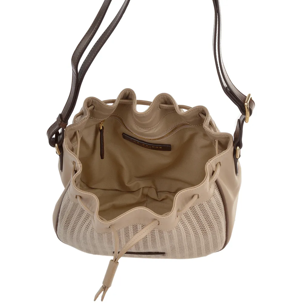 Small Italian Leather and Woven Material Drawstring Bucket Bag: Straw Brown : 041417 3T 3B NH