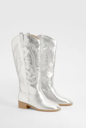 Square Toe Low Heel Knee High Cowboy Boots