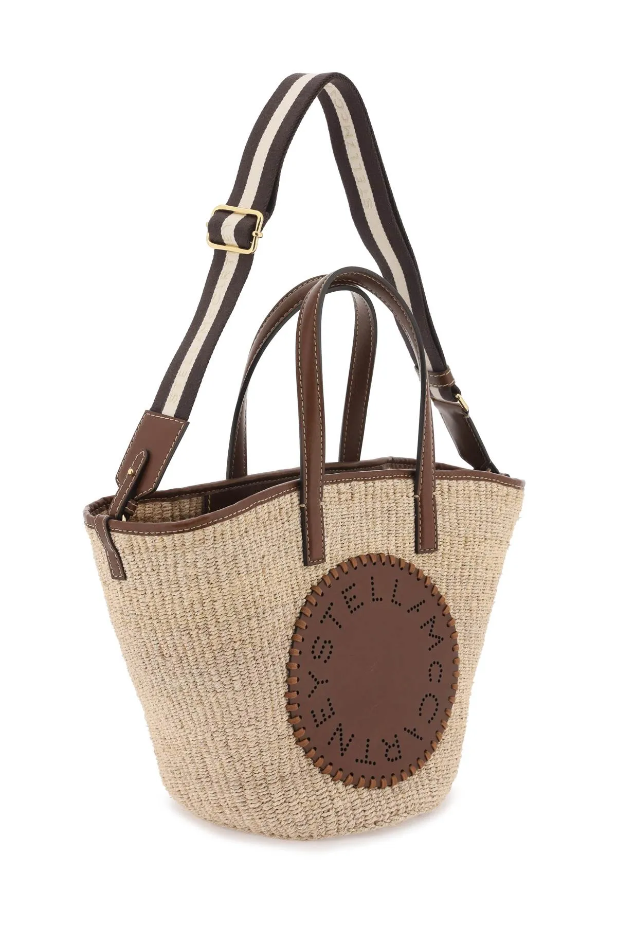 STELLA MCCARTNEY Beige Woven Raffia Shoulder Handbag with Perforated Faux Leather Logo