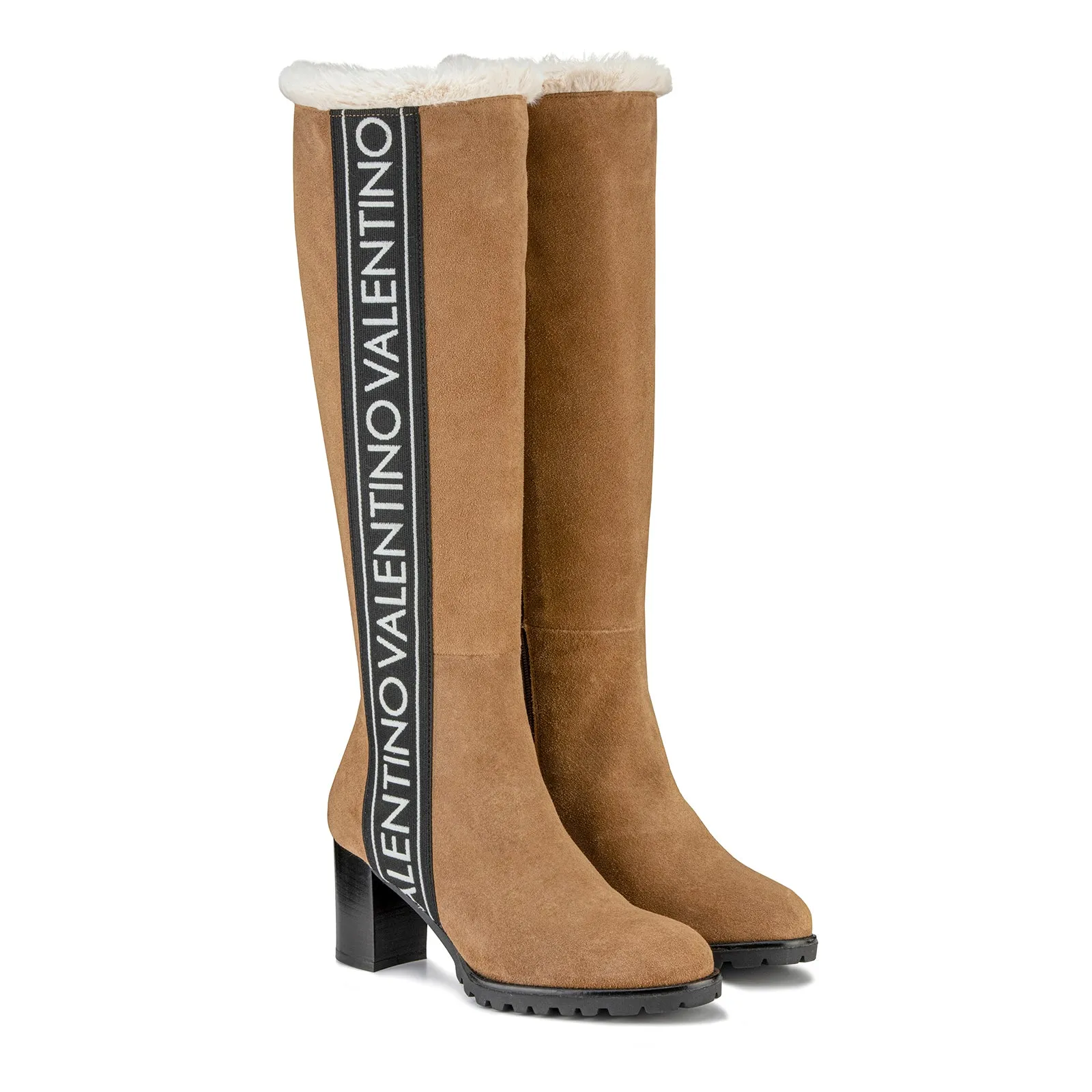 VALENTINO Boots in light brown suede with faux fur lining and logo detail