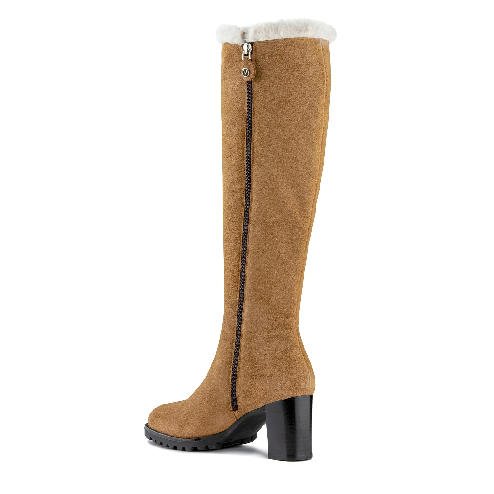 VALENTINO Boots in light brown suede with faux fur lining and logo detail