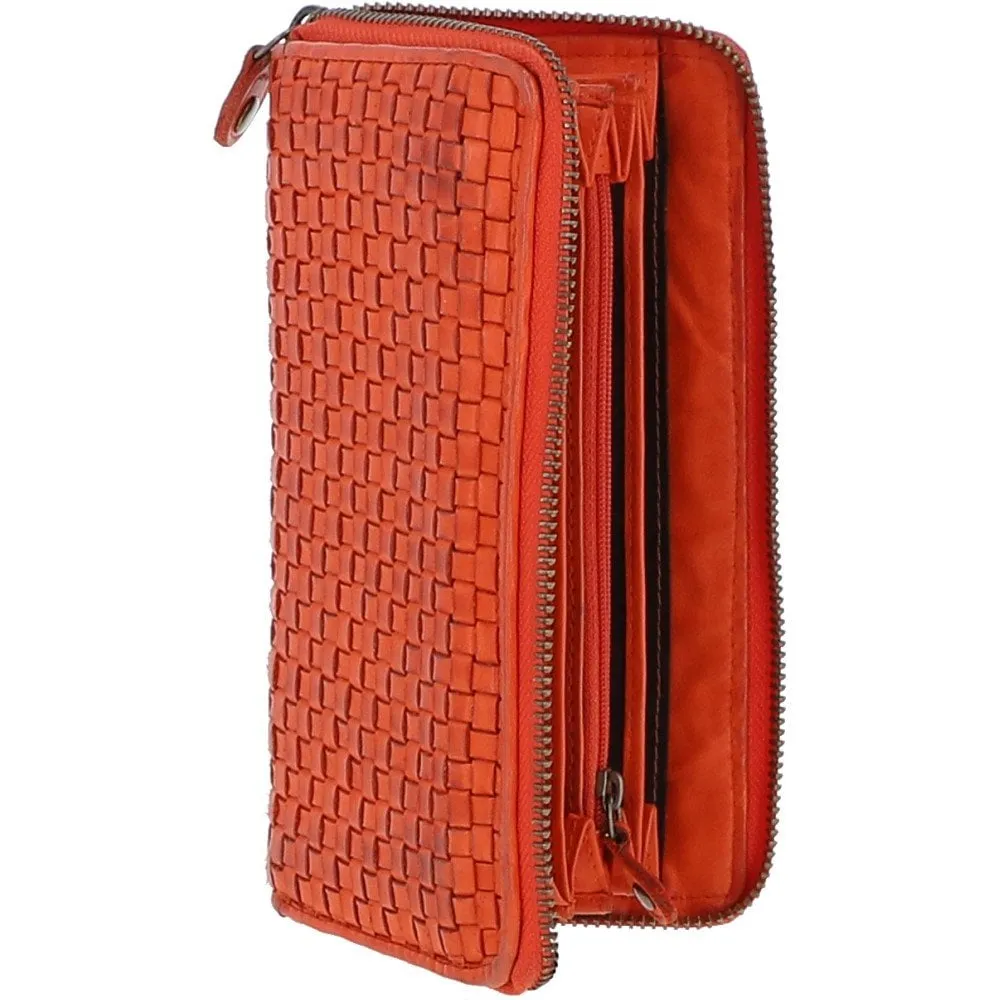 Vintage Woven Leather Zip Around Large 10 Card Coin Note Purse Orange :  D-81