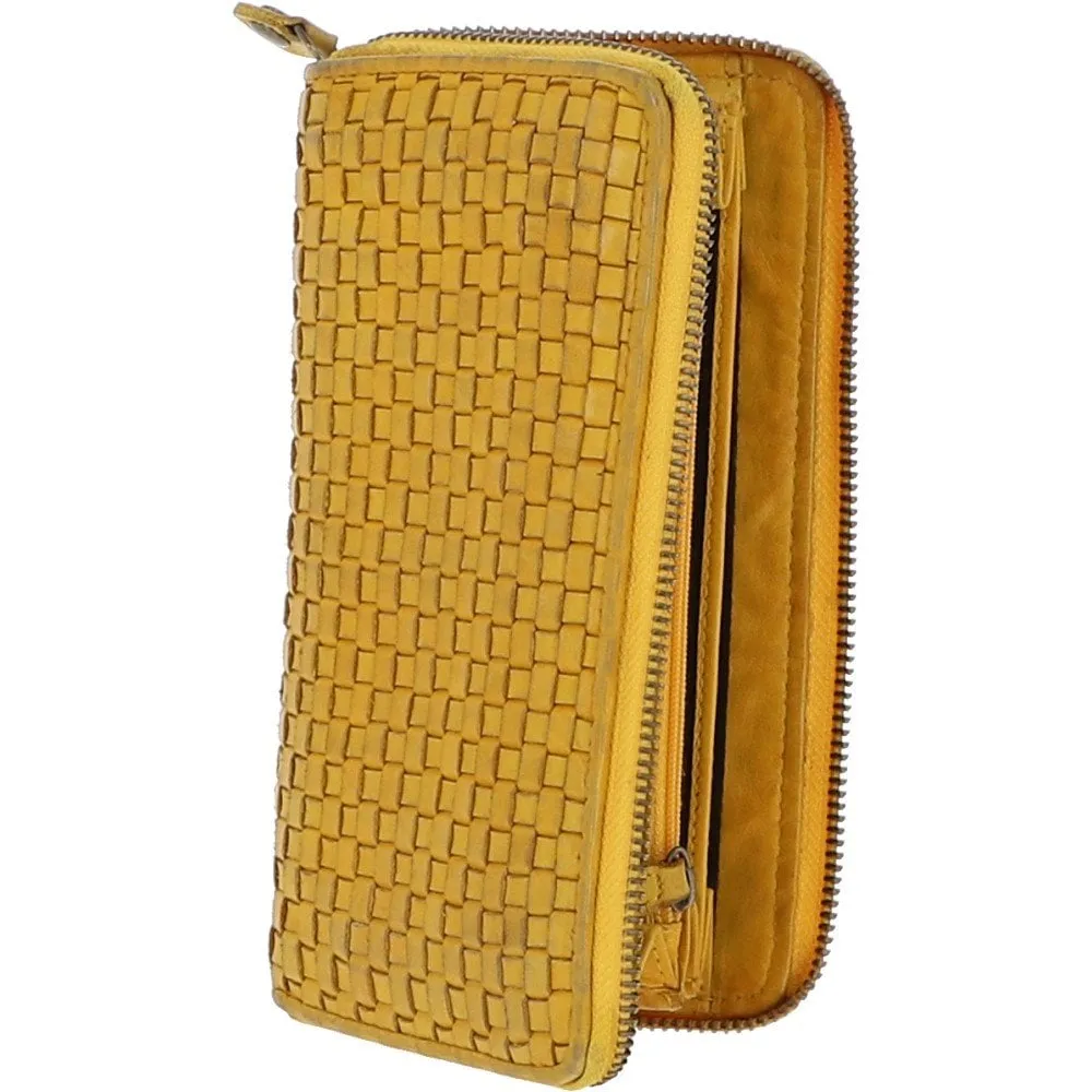 Vintage Woven Leather Zip Around Large 10 Card Coin Note Purse Yellow :  D-81