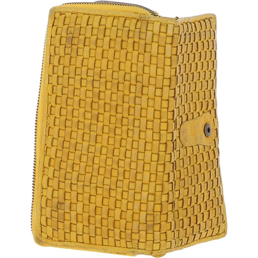 Vintage Woven Leather Zip Around Large 22 Card Coin Note Purse Yellow:  D-84