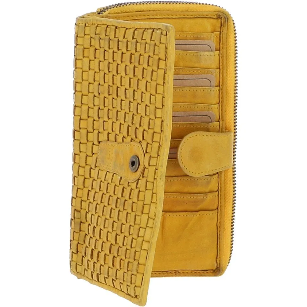 Vintage Woven Leather Zip Around Large 22 Card Coin Note Purse Yellow:  D-84