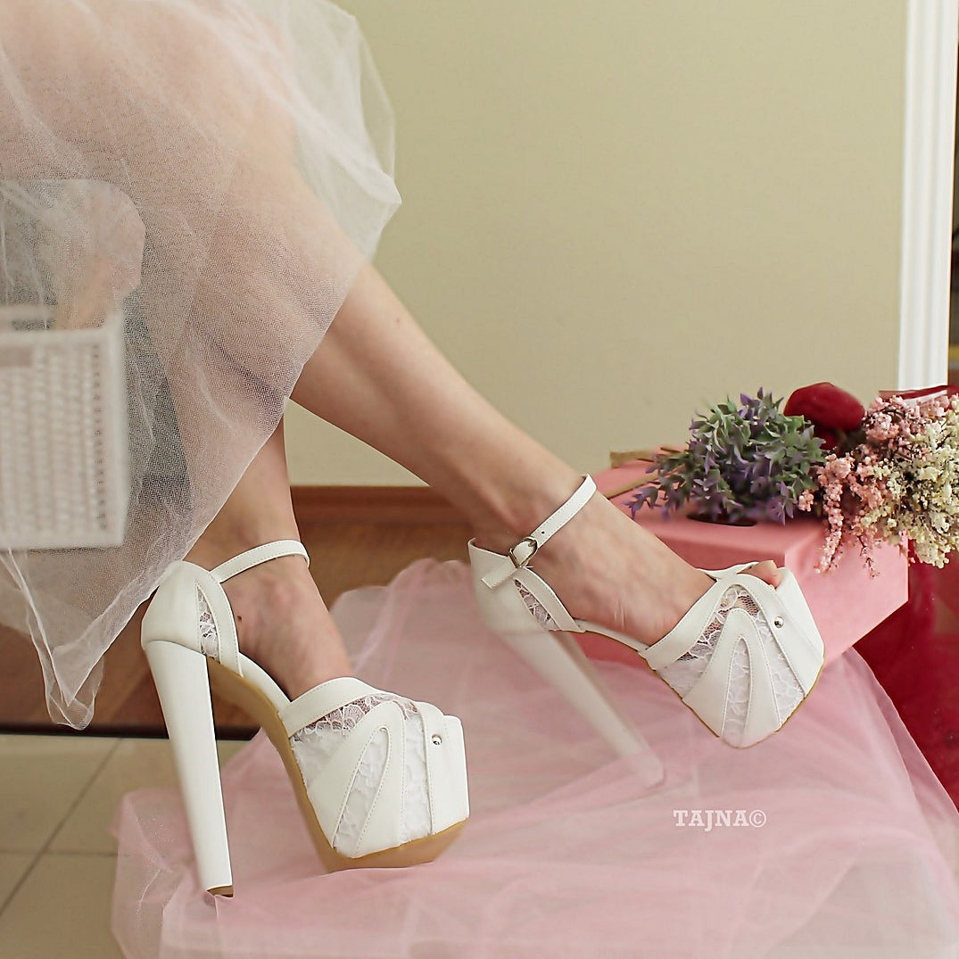 White Lace Ankle Strap High Heel Platform Bride Shoes