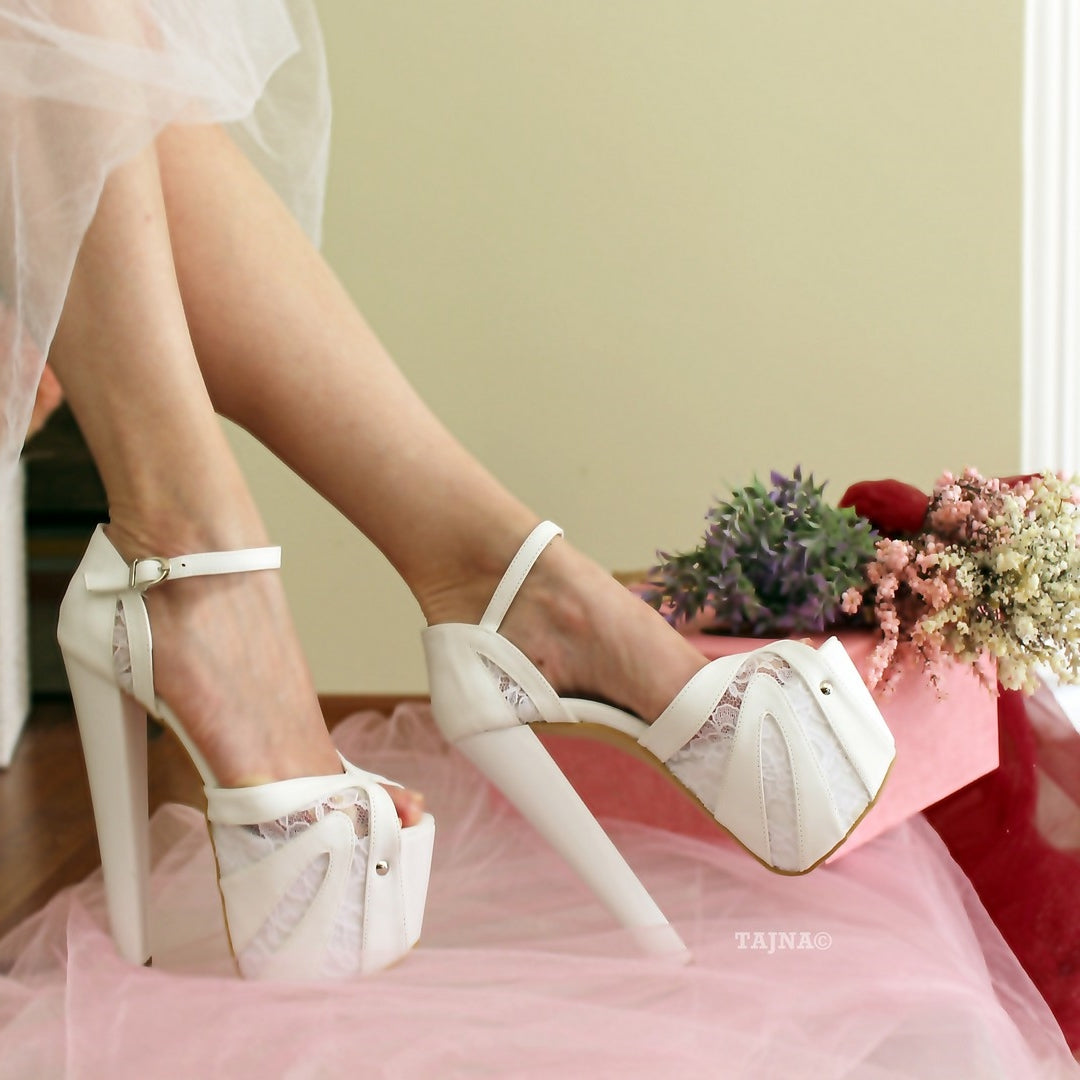 White Lace Ankle Strap High Heel Platform Bride Shoes