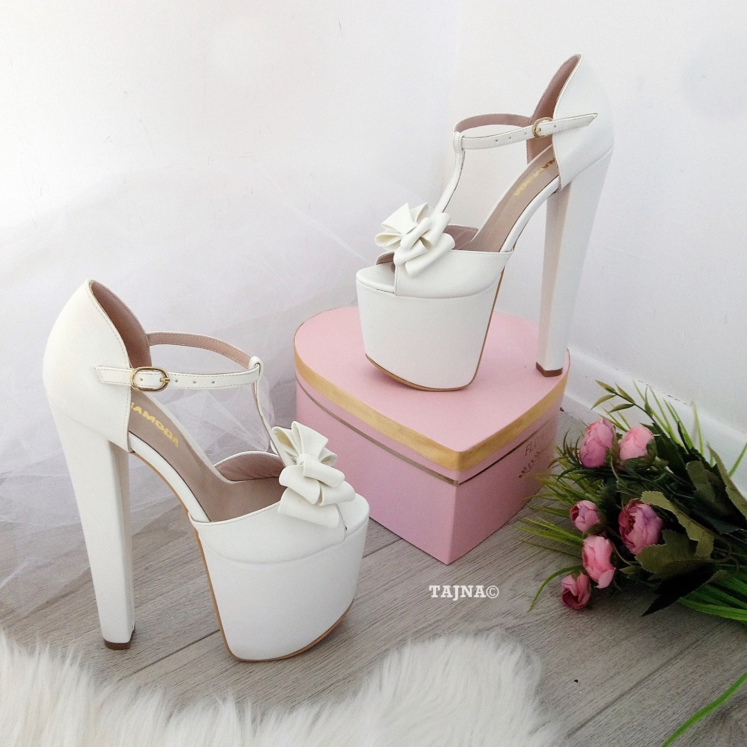 White Ribbon Ankle Strap High Heel Platform Bride Shoes