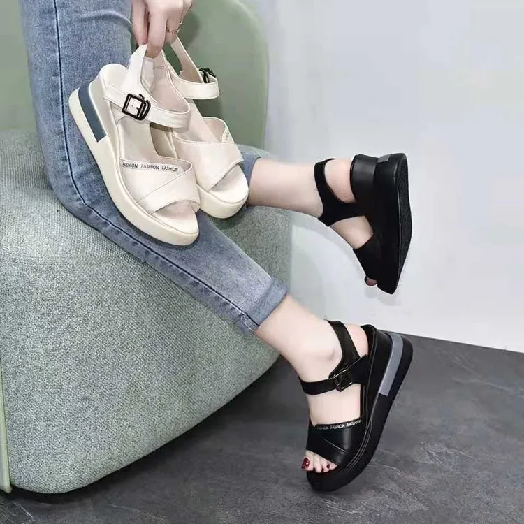 Woman White Leather Red Sandals Summer Black Wedge Heels High Platform Ladies Elegant Crystal Shoes Women's Slippers