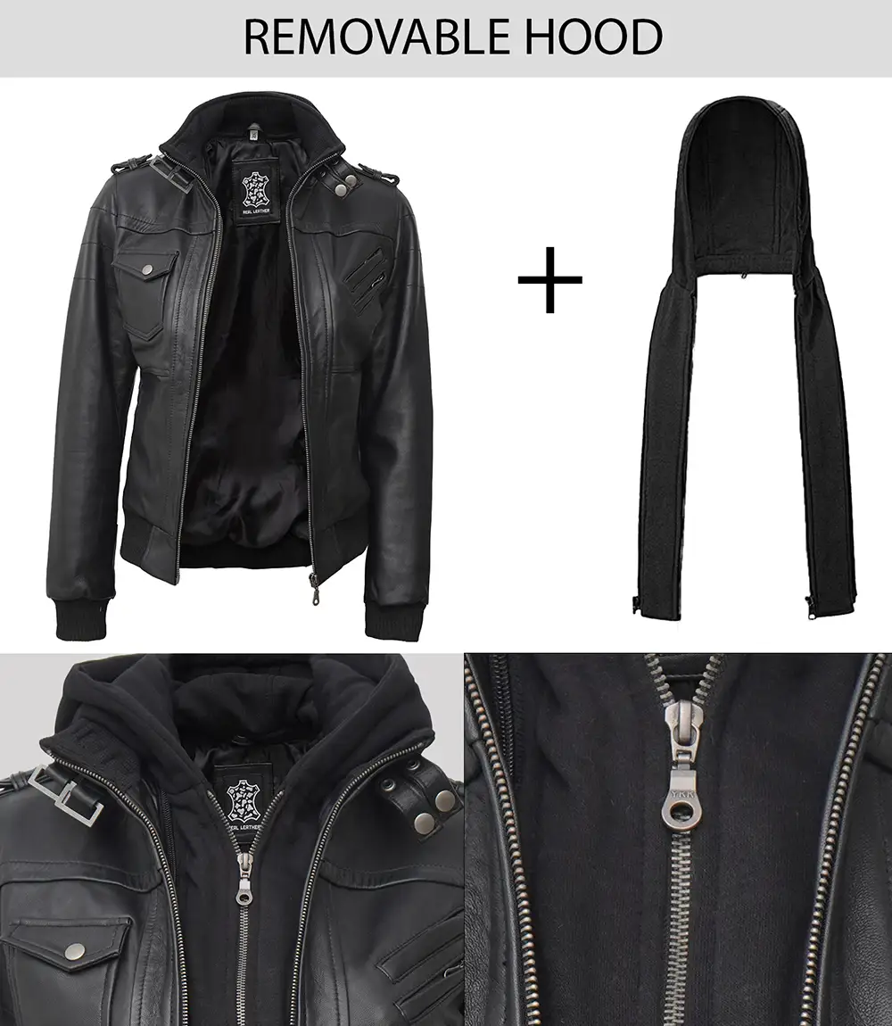 Women's Black Leather Bomber Jacket with Removable Hood