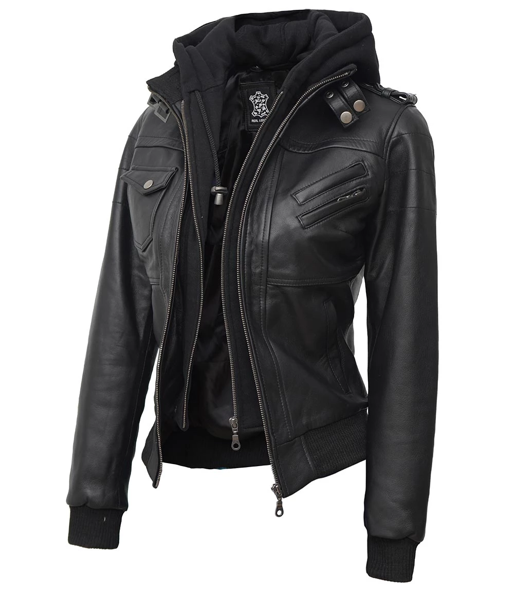 Women's Black Leather Bomber Jacket with Removable Hood