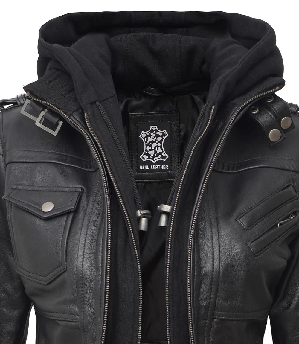 Women's Black Leather Bomber Jacket with Removable Hood