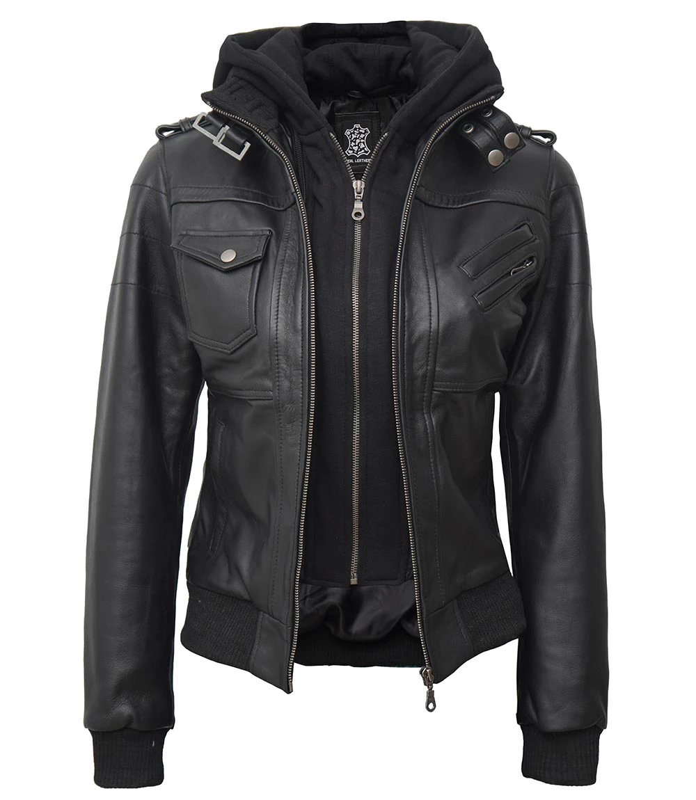 Women's Black Leather Bomber Jacket with Removable Hood