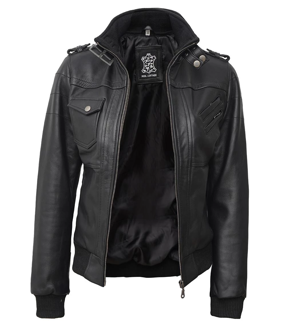 Women's Black Leather Bomber Jacket with Removable Hood