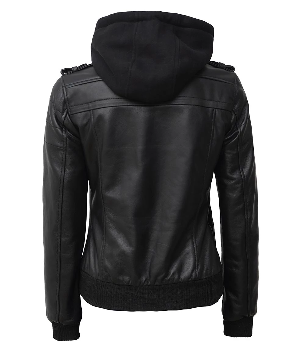 Women's Black Leather Bomber Jacket with Removable Hood