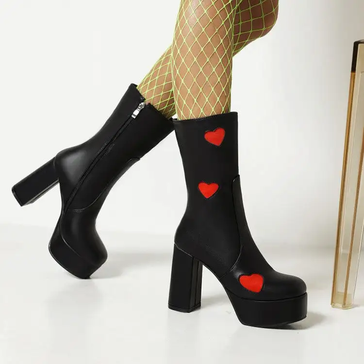 Women's Bicolor Love Hearts Pu Leather Round Toe Side Zippers Block Chunky Heel Platform Mid Calf Boots