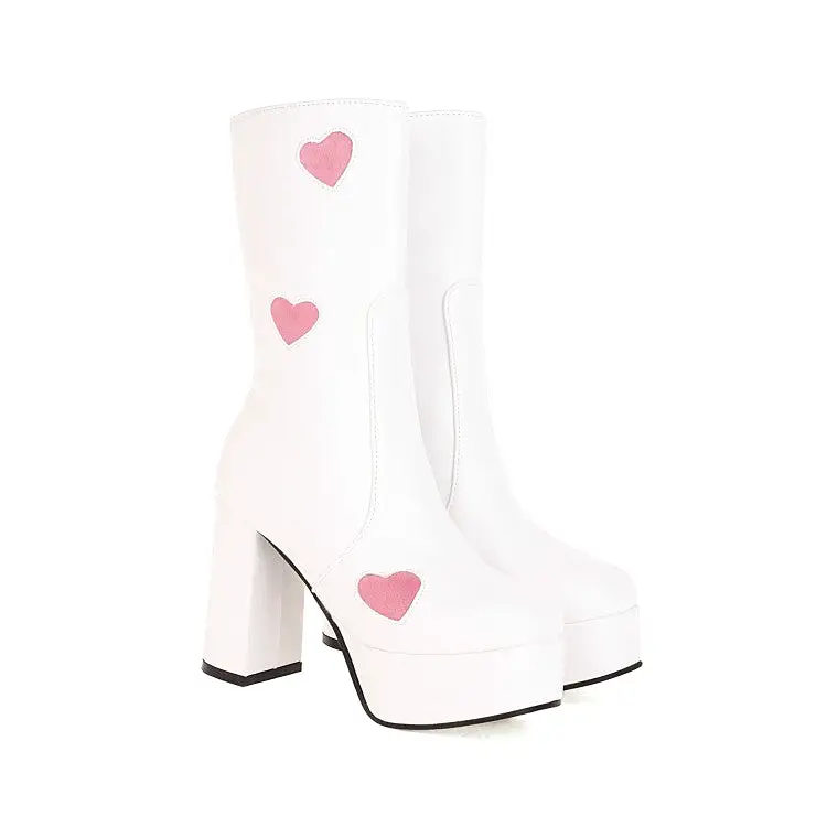 Women's Bicolor Love Hearts Pu Leather Round Toe Side Zippers Block Chunky Heel Platform Mid Calf Boots