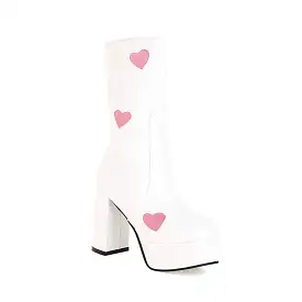 Women's Bicolor Love Hearts Pu Leather Round Toe Side Zippers Block Chunky Heel Platform Mid Calf Boots