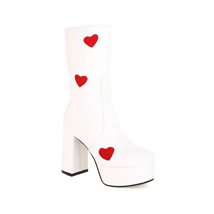 Women's Bicolor Love Hearts Pu Leather Round Toe Side Zippers Block Chunky Heel Platform Mid Calf Boots