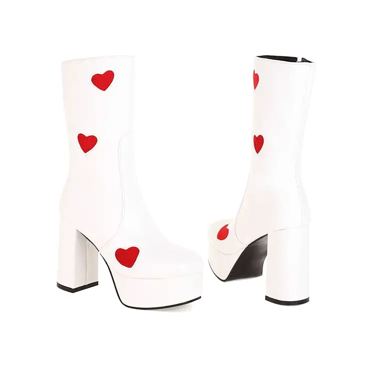 Women's Bicolor Love Hearts Pu Leather Round Toe Side Zippers Block Chunky Heel Platform Mid Calf Boots