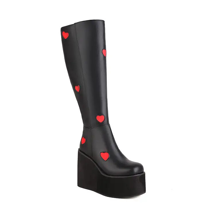 Women's Bicolor Pu Leather Square Toe Love Hearts Side Zippers Wedge Heel Platform Knee High Boots