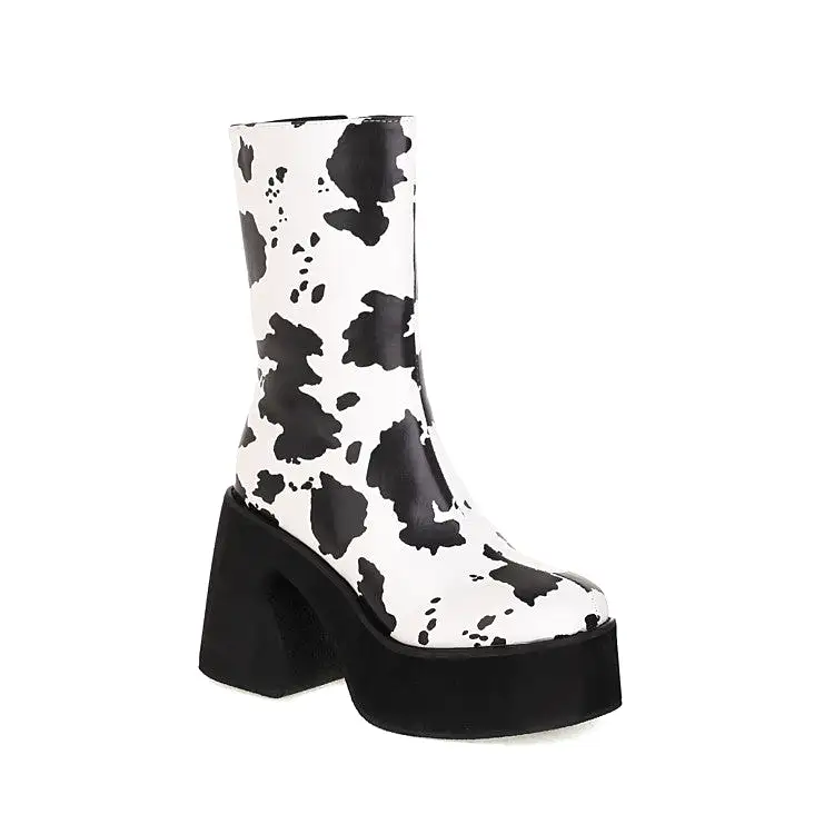 Women's Bicolor Pu Leather Square Toe Side Zippers Block Chunky Heel Platform Mid Calf Boots