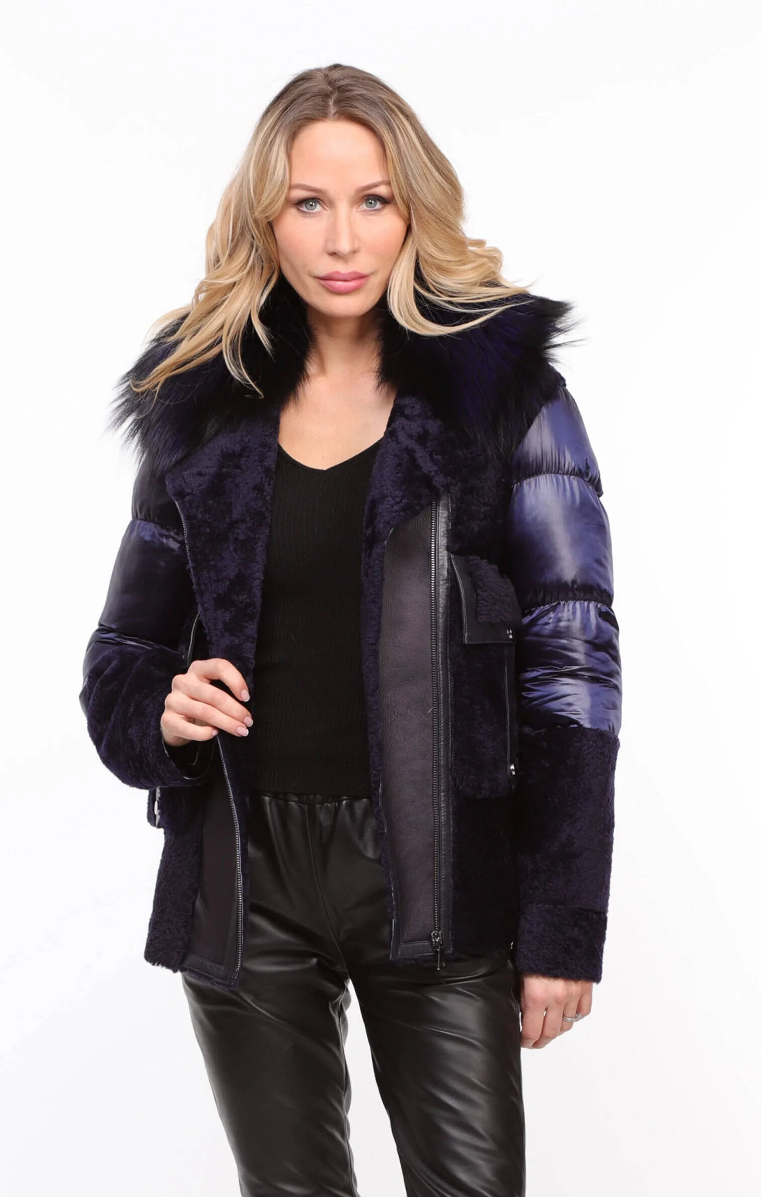 Women's blue textile + sheepskin jacket \bettie\