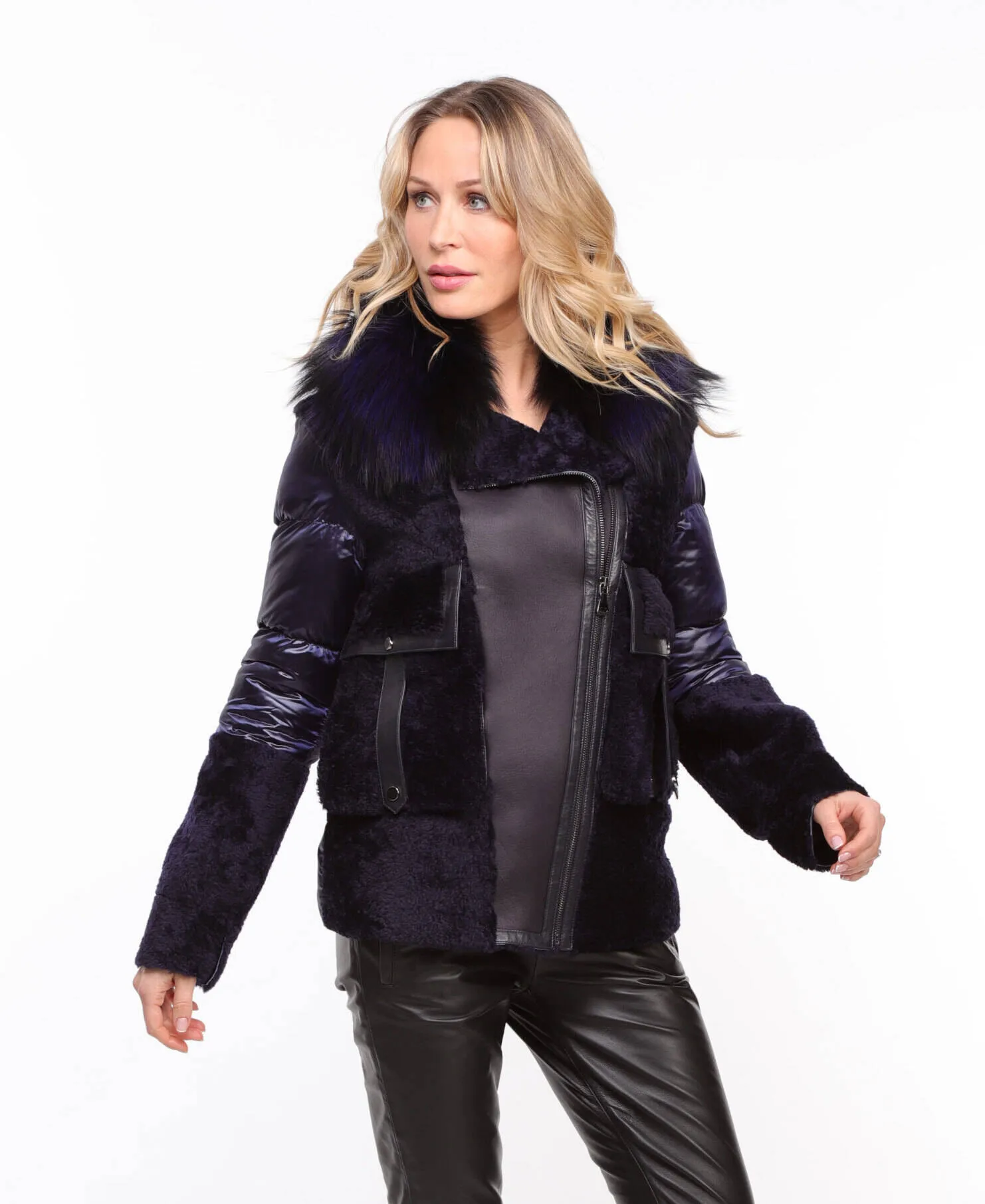 Women's blue textile + sheepskin jacket \bettie\