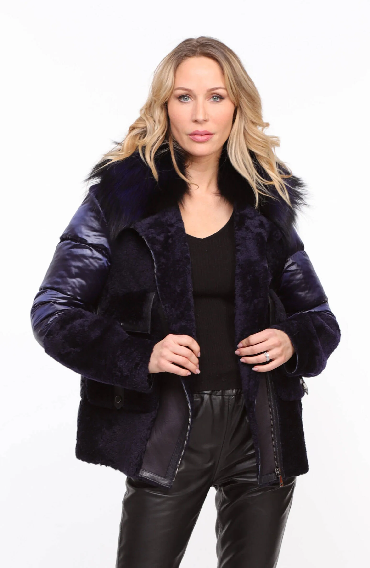 Women's blue textile + sheepskin jacket \bettie\