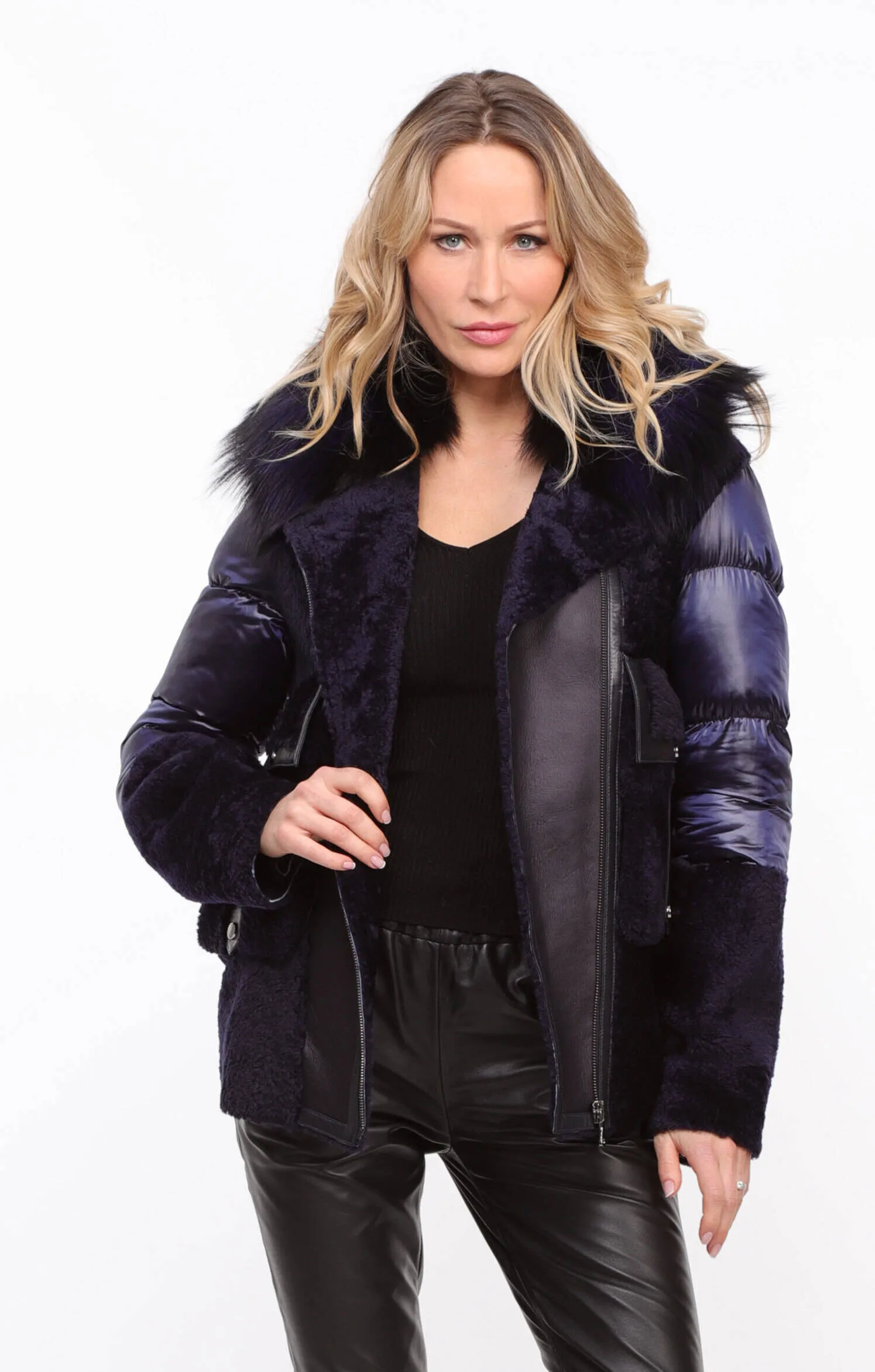 Women's blue textile + sheepskin jacket \bettie\