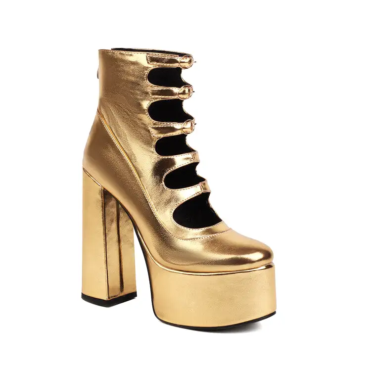 Women's Booties Glossy Round Toe Cutout Buckle Straps Block Chunky Heel Platform Short Boots