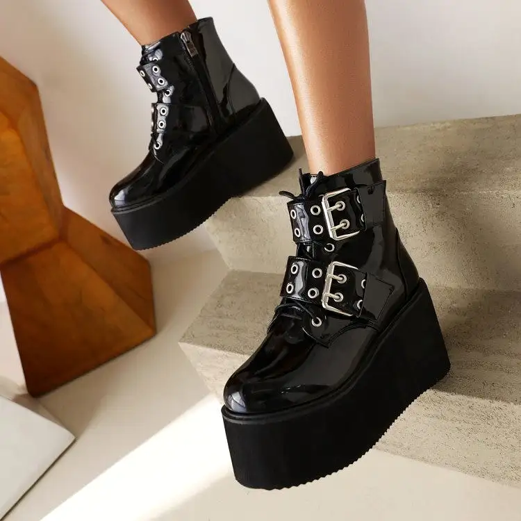 Women's Booties Glossy Round Toe Double Buckle Straps Wedge Heel Platform Short Boots