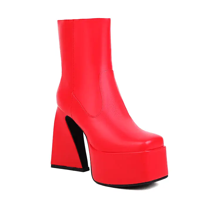 Women's Booties Glossy Square Toe Side Zippers Strange Heel Heel Platform Short Boots