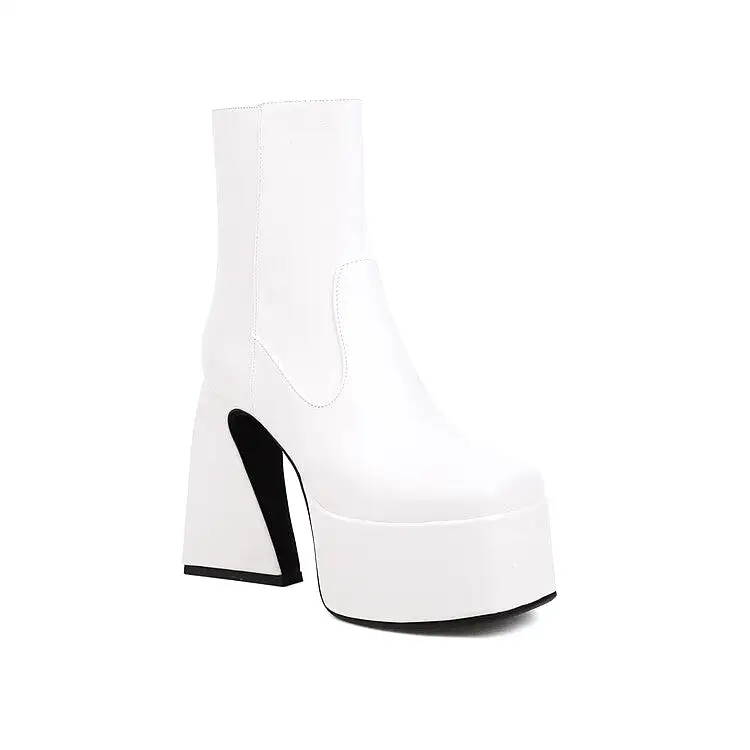 Women's Booties Glossy Square Toe Side Zippers Strange Heel Heel Platform Short Boots