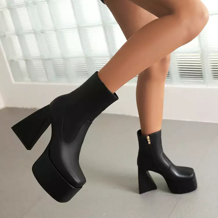 Women's Booties Glossy Square Toe Side Zippers Strange Heel Heel Platform Short Boots