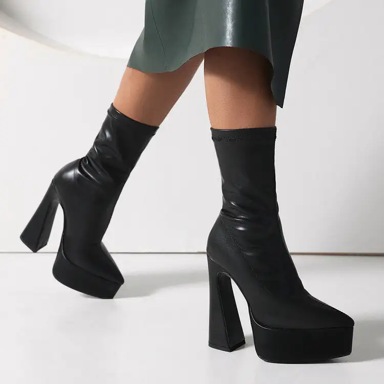 Women's Booties Pu Leather Pointed Toe Spool Heel Platform Short Boots