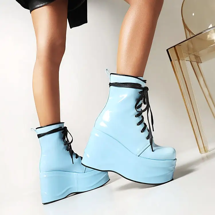 Women's Candy Color Pu Leather Round Toe Lace Up Wedge Heel Platform Ankle Boots