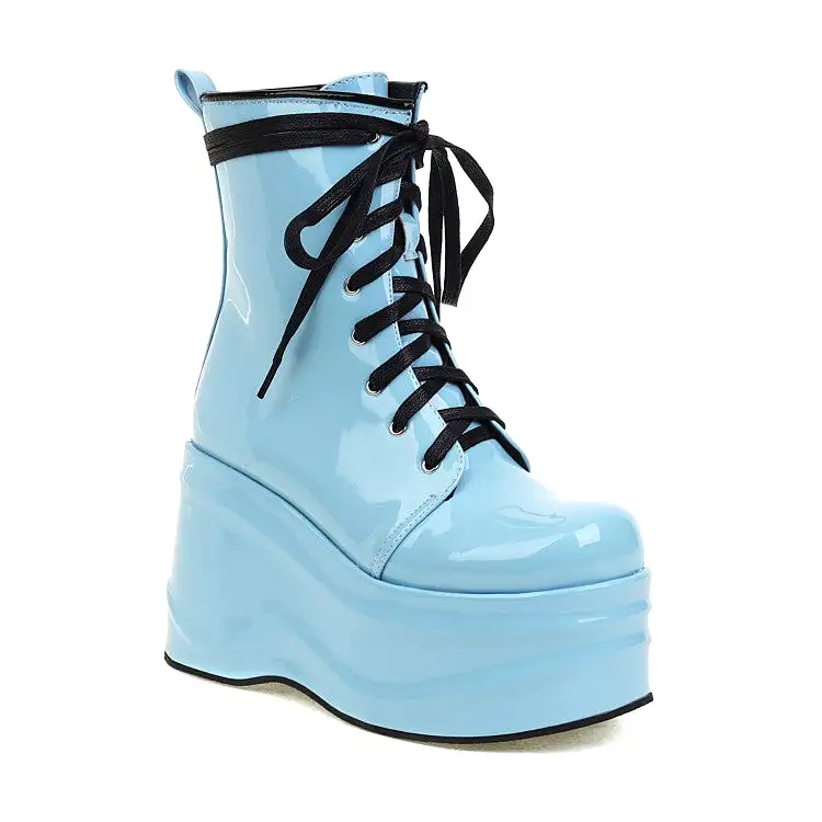 Women's Candy Color Pu Leather Round Toe Lace Up Wedge Heel Platform Ankle Boots