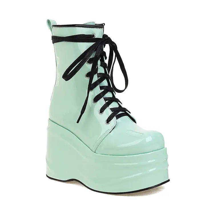 Women's Candy Color Pu Leather Round Toe Lace Up Wedge Heel Platform Ankle Boots