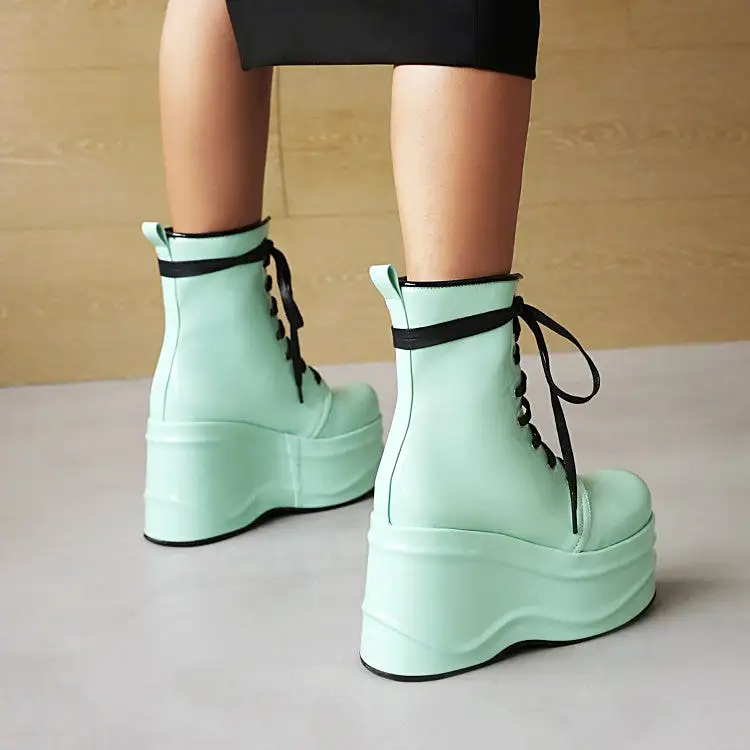 Women's Candy Color Pu Leather Round Toe Lace Up Wedge Heel Platform Ankle Boots