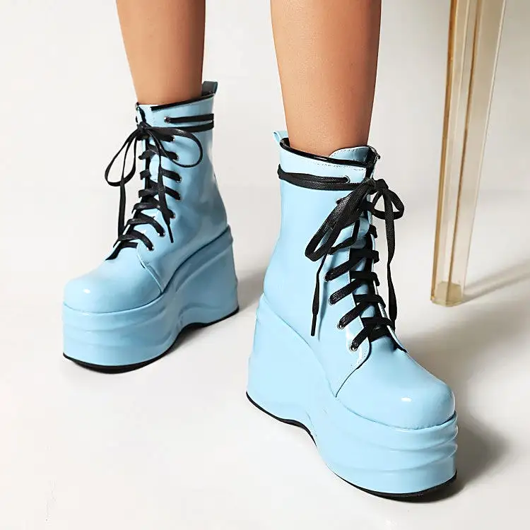 Women's Candy Color Pu Leather Round Toe Lace Up Wedge Heel Platform Ankle Boots