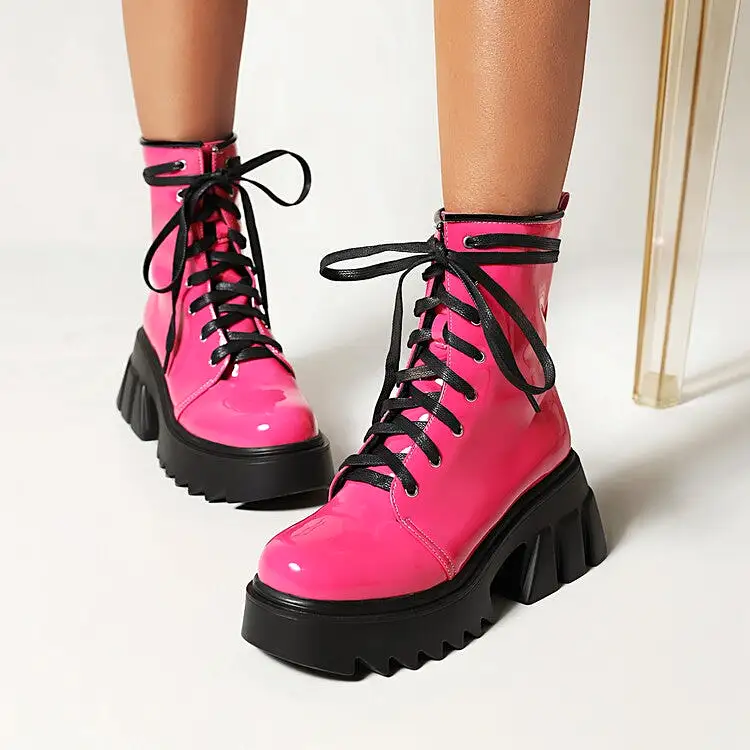 Women's Candy Color Pu Leather Round Toe Lace Up Wedge Heel Platform Ankle Boots