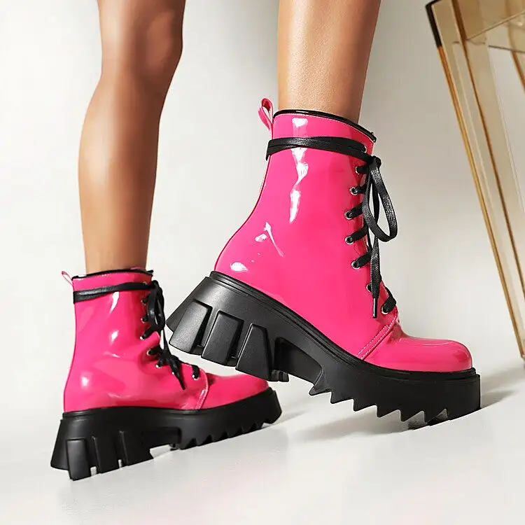 Women's Candy Color Pu Leather Round Toe Lace Up Wedge Heel Platform Ankle Boots