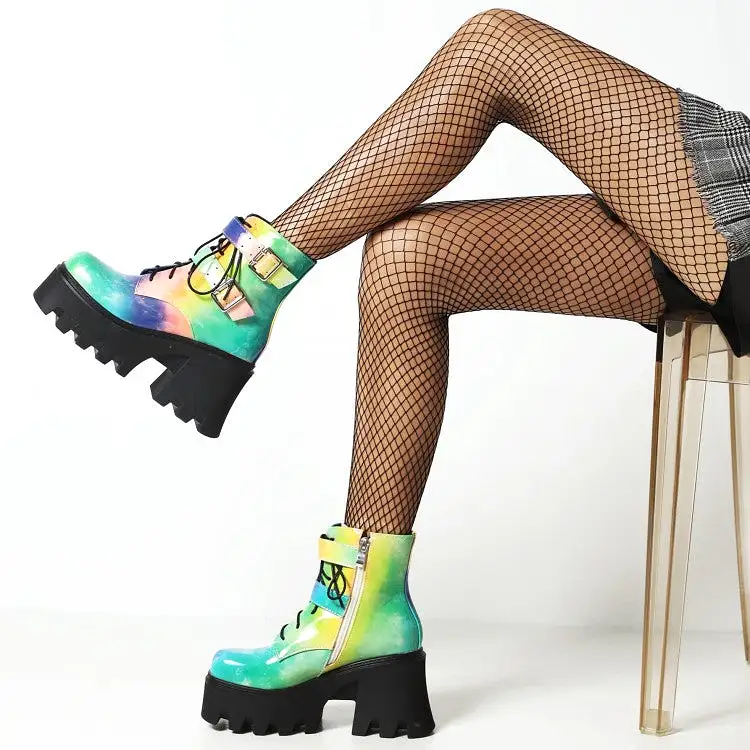 Women's Colorful Square Toe Lace Up Buckle Straps Side Zippers Block Chunky Heel Platform Short Boots