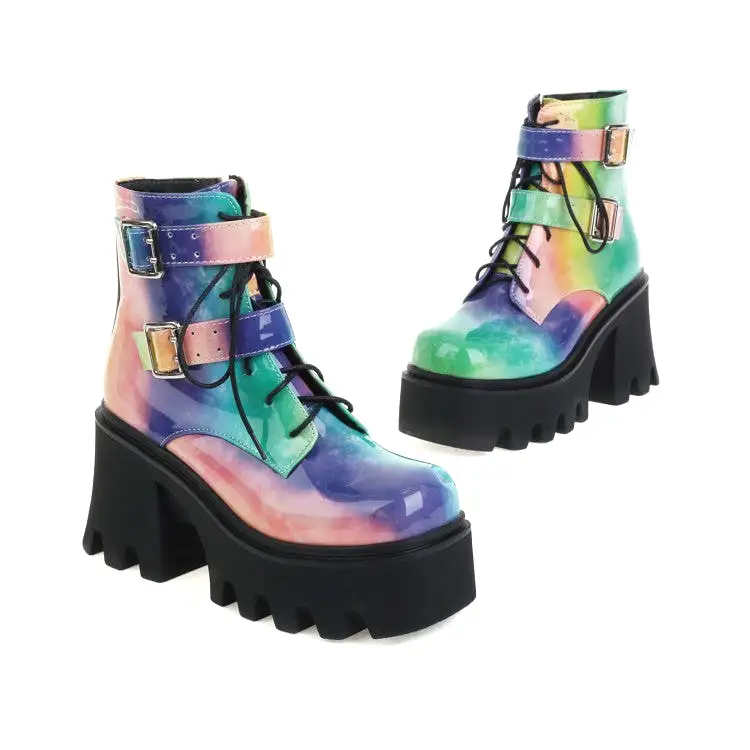 Women's Colorful Square Toe Lace Up Buckle Straps Side Zippers Block Chunky Heel Platform Short Boots